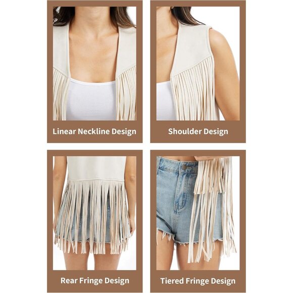 Women Apricot Faux Suede Western Sleeveless 70s Cowgirl Hippie Outfits - Picture 6 of 6